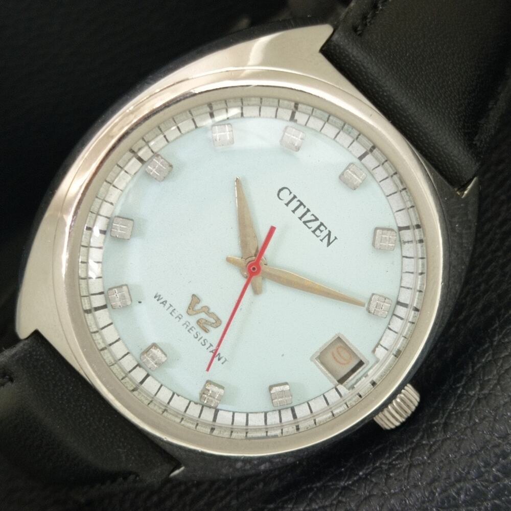 Vintage 1981 Citizen Manual Wound Mens Silver Watch W/Date & Red accents